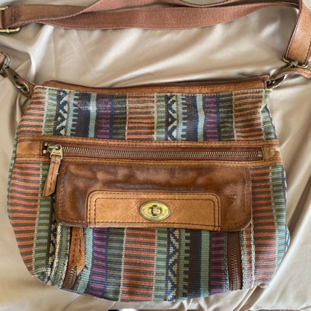 Fossil Handbag purse- leather and canvas, hobo hippie